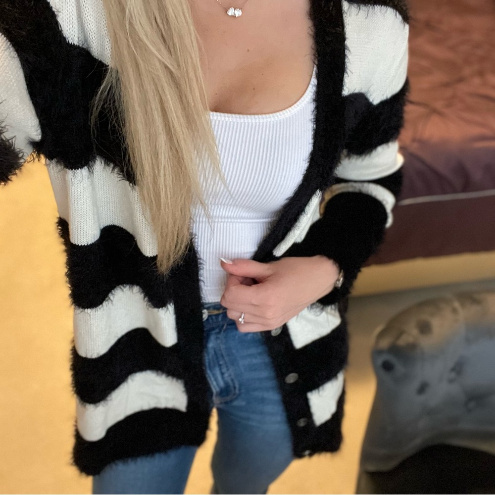 Stylish Fuzzy Black and White Cardigan Size S